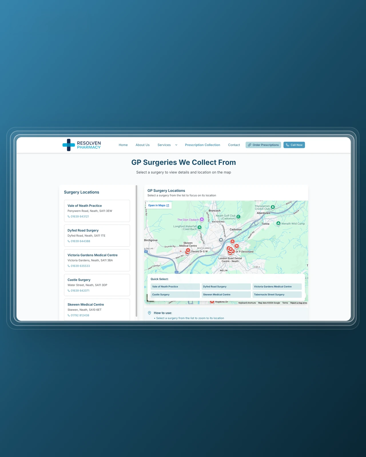 Resolven Pharmacy website, desktop gp surgery collection map webdev wales