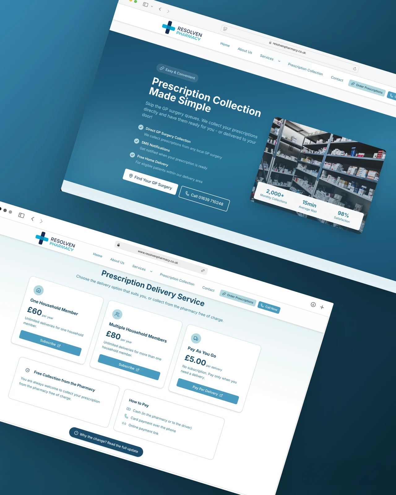 Resolven Pharmacy website, desktop prescription collection and delivery pricing