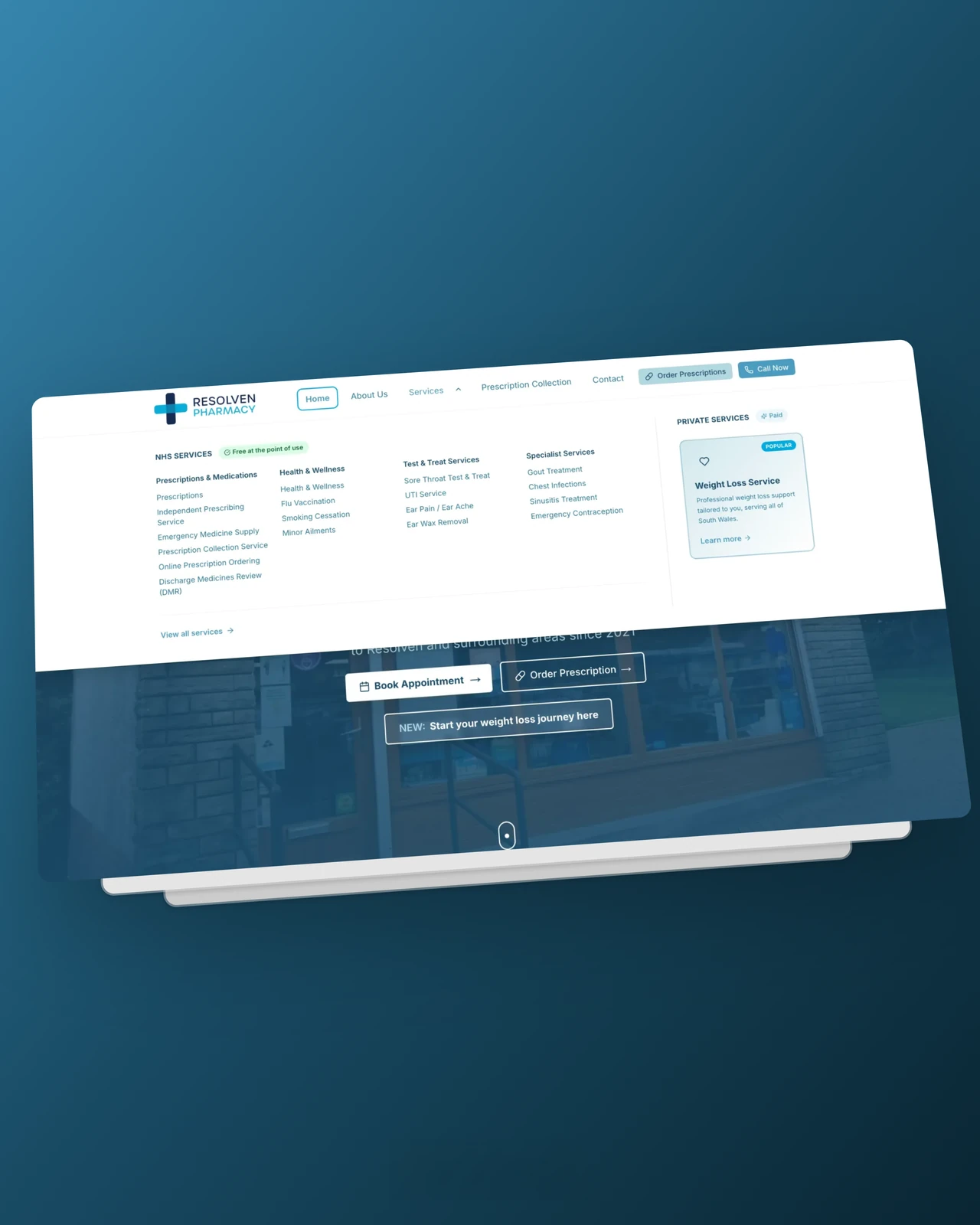 Resolven Pharmacy website, desktop services mega menu