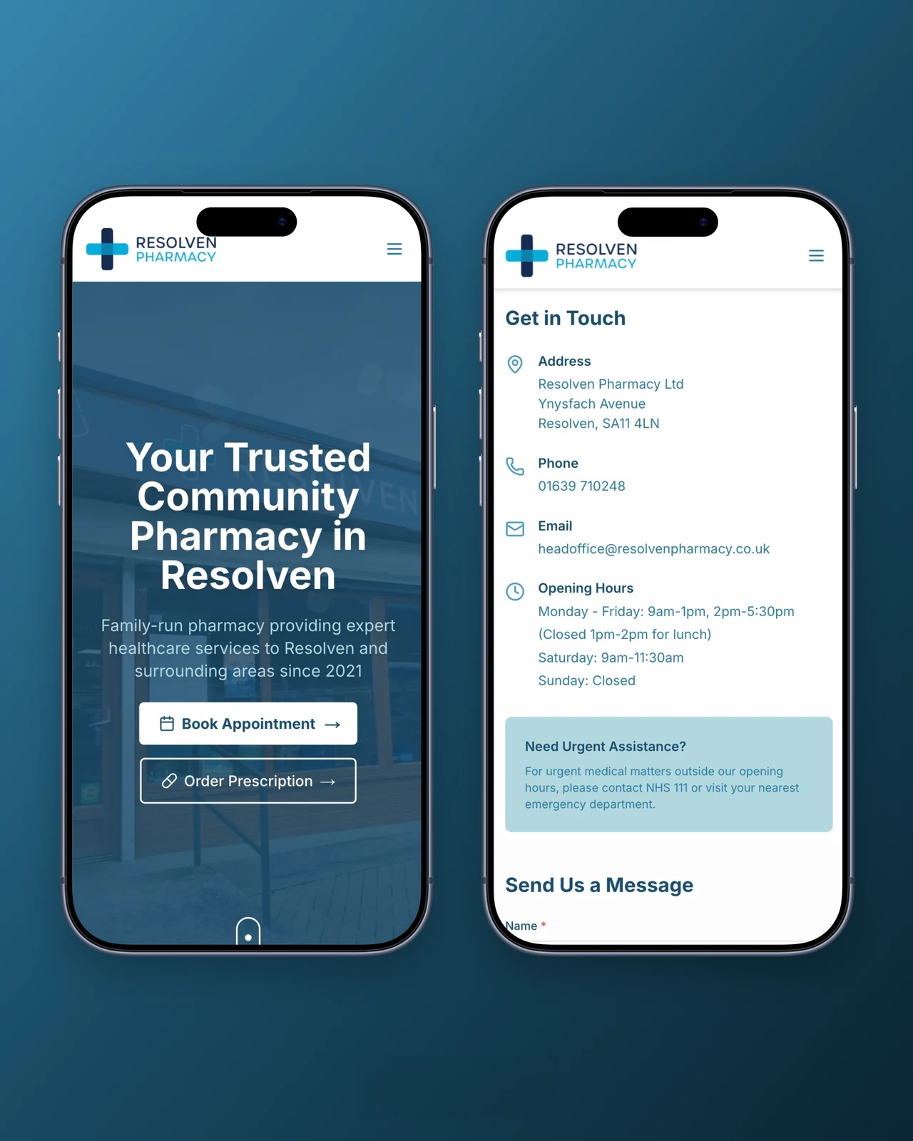 Resolven Pharmacy website, mobile homepage and contact pages