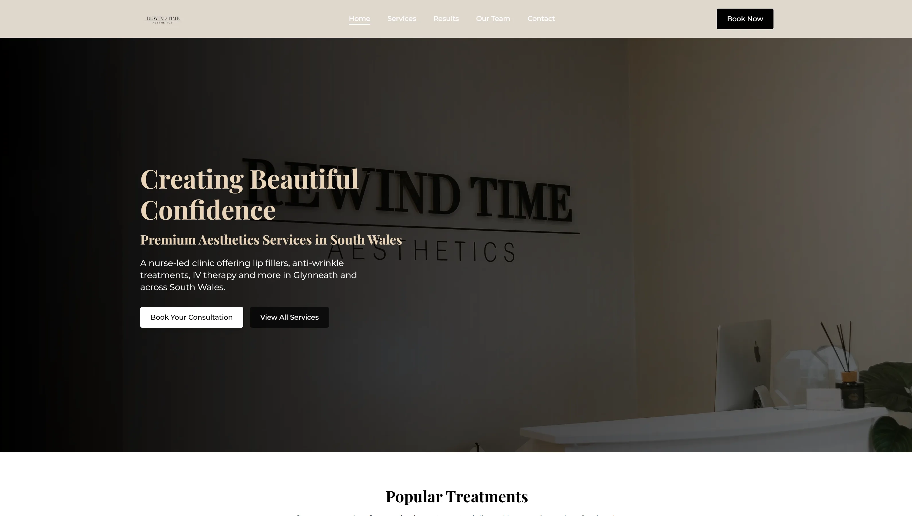 Rewind Time Aesthetics website, home page