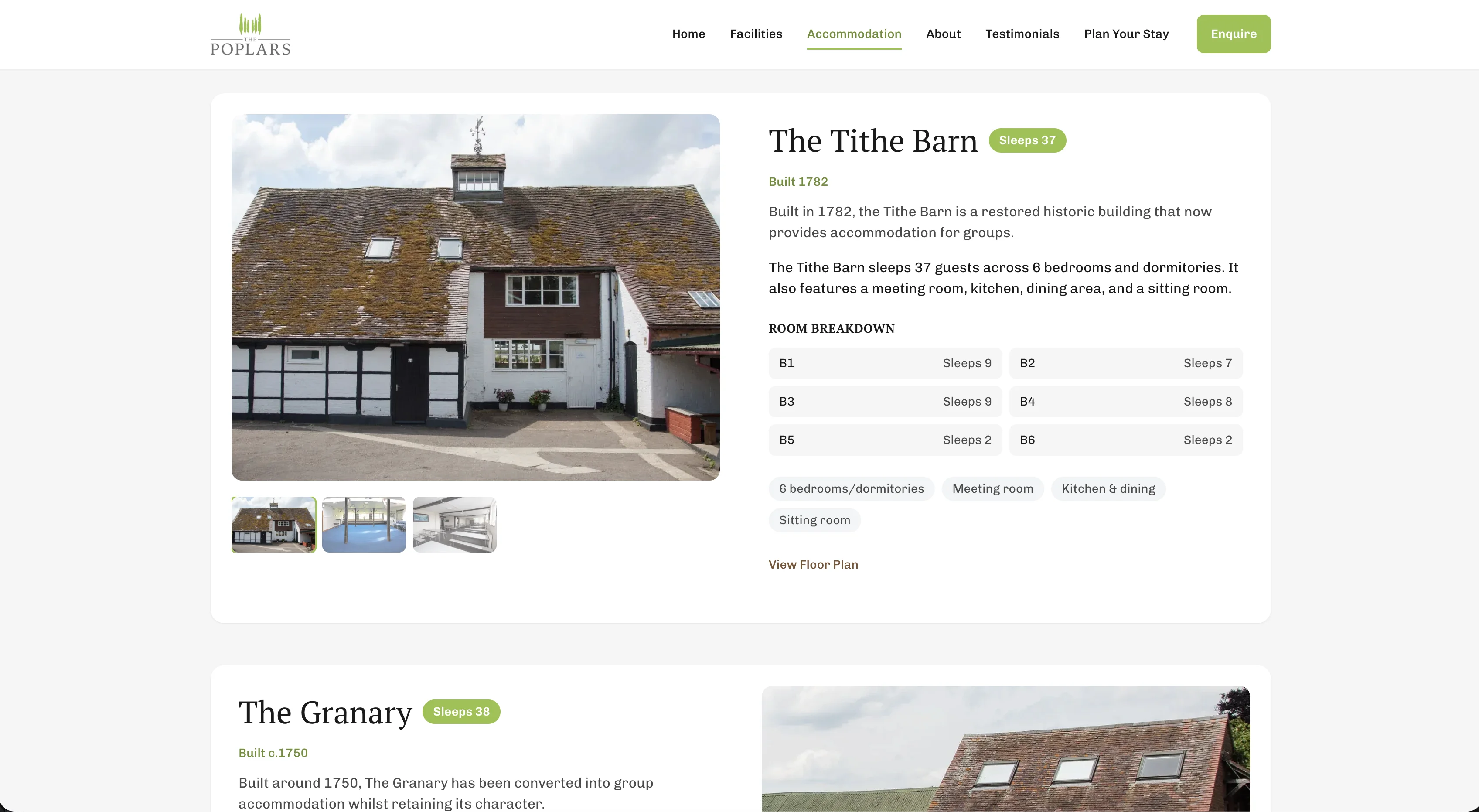 The Poplars website, accommodation page