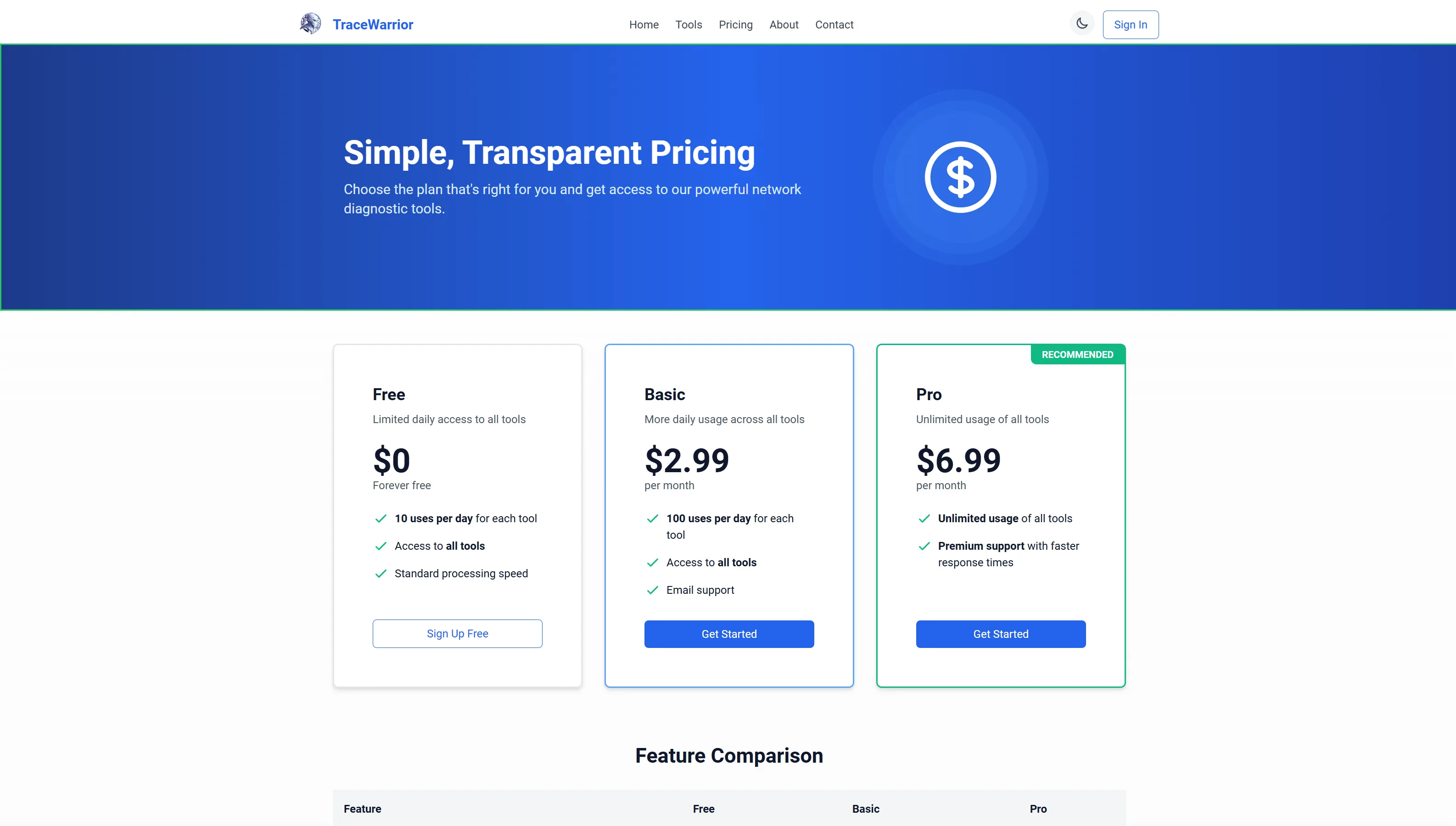 Trace Warrior website, pricing page