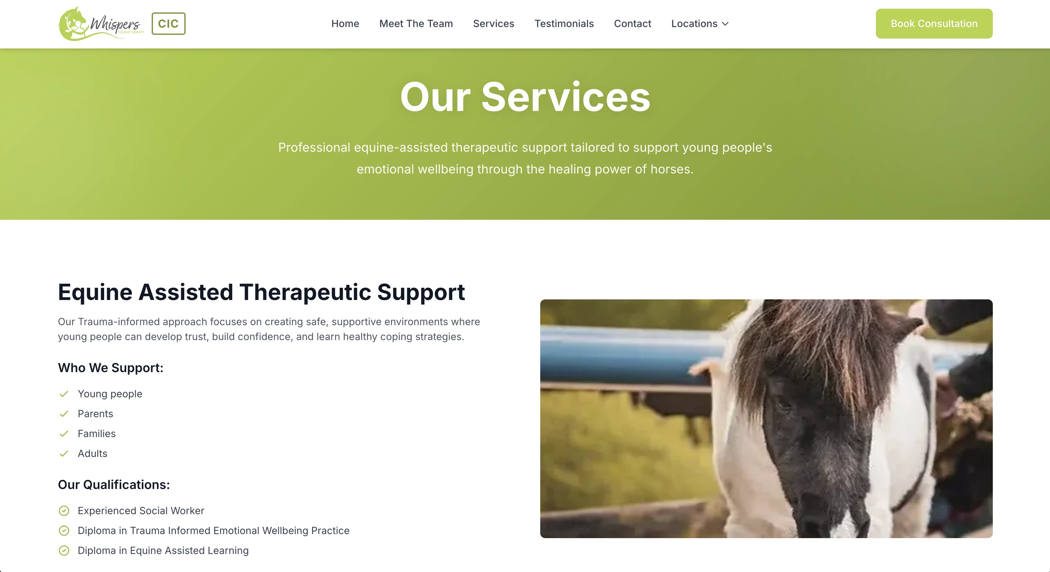Whispers Equine Therapy website, services page